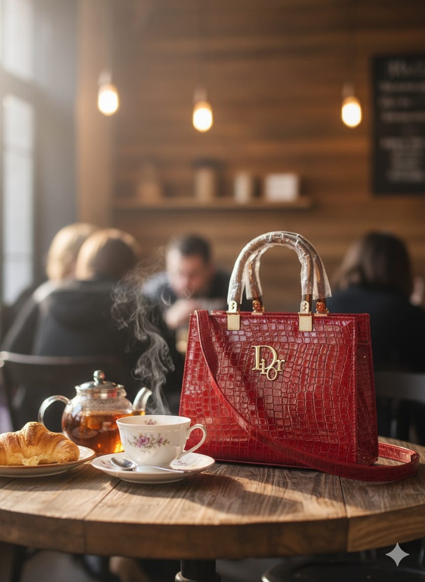 Red handbag with gold accents on a table in a café setting
Bags, Fashion, Women