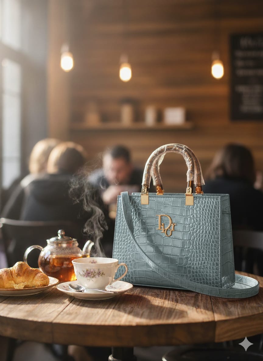 Teal handbag on a table with tea and pastries in a café setting
Bags, Fashion, Women