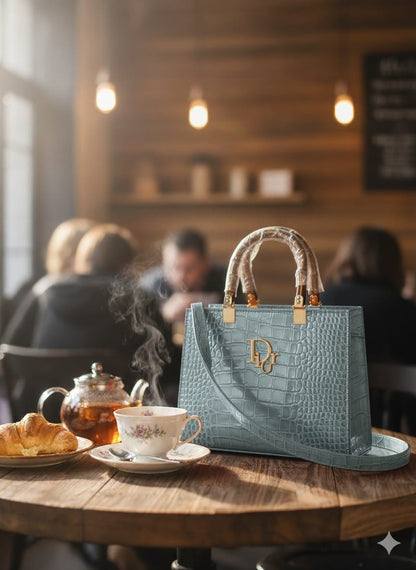Teal handbag on a table with tea and pastries in a café setting
Bags, Fashion, Women