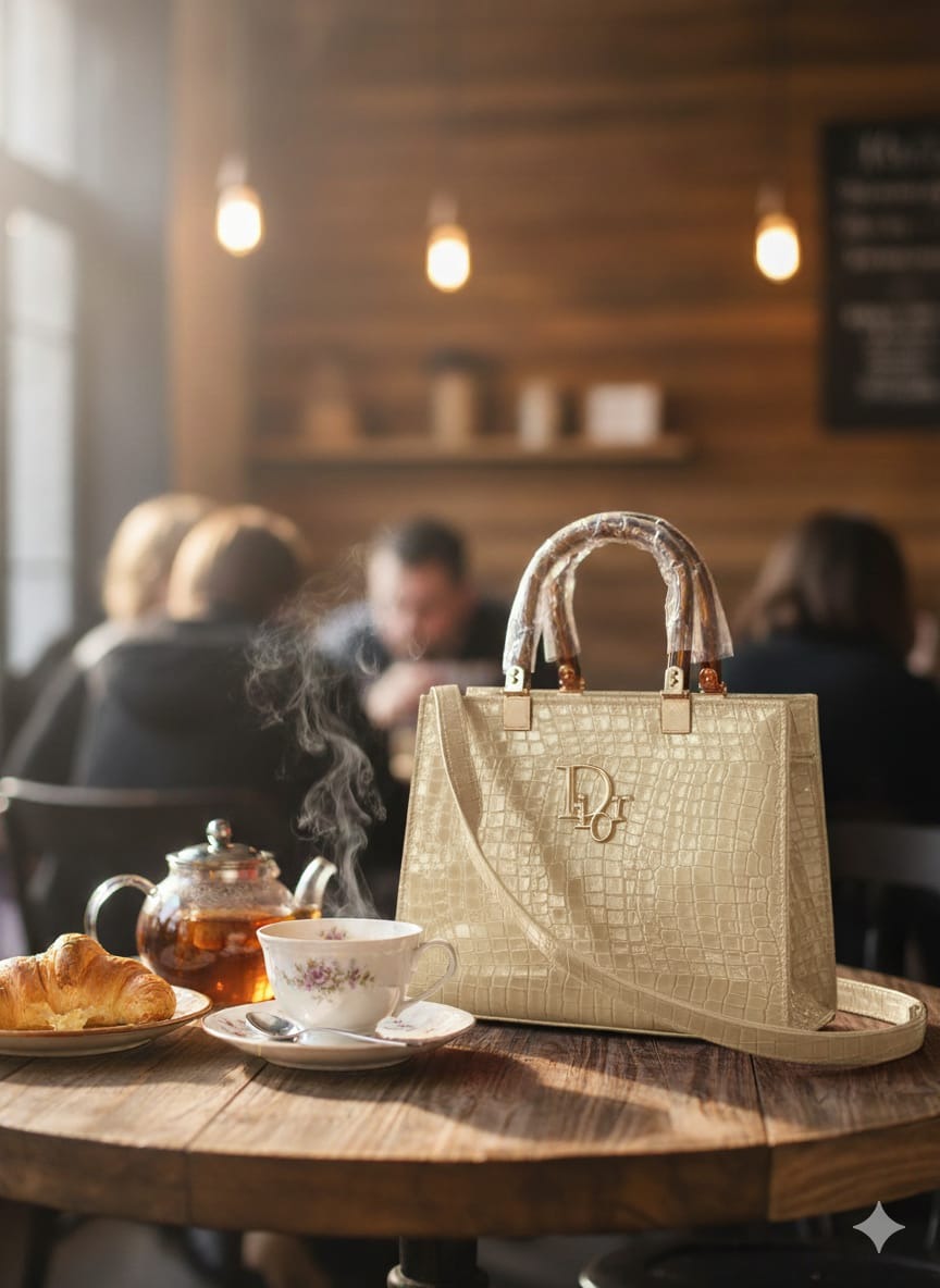 Beige handbag on a table with tea and pastries in a café setting
Bags, Fashion, Women