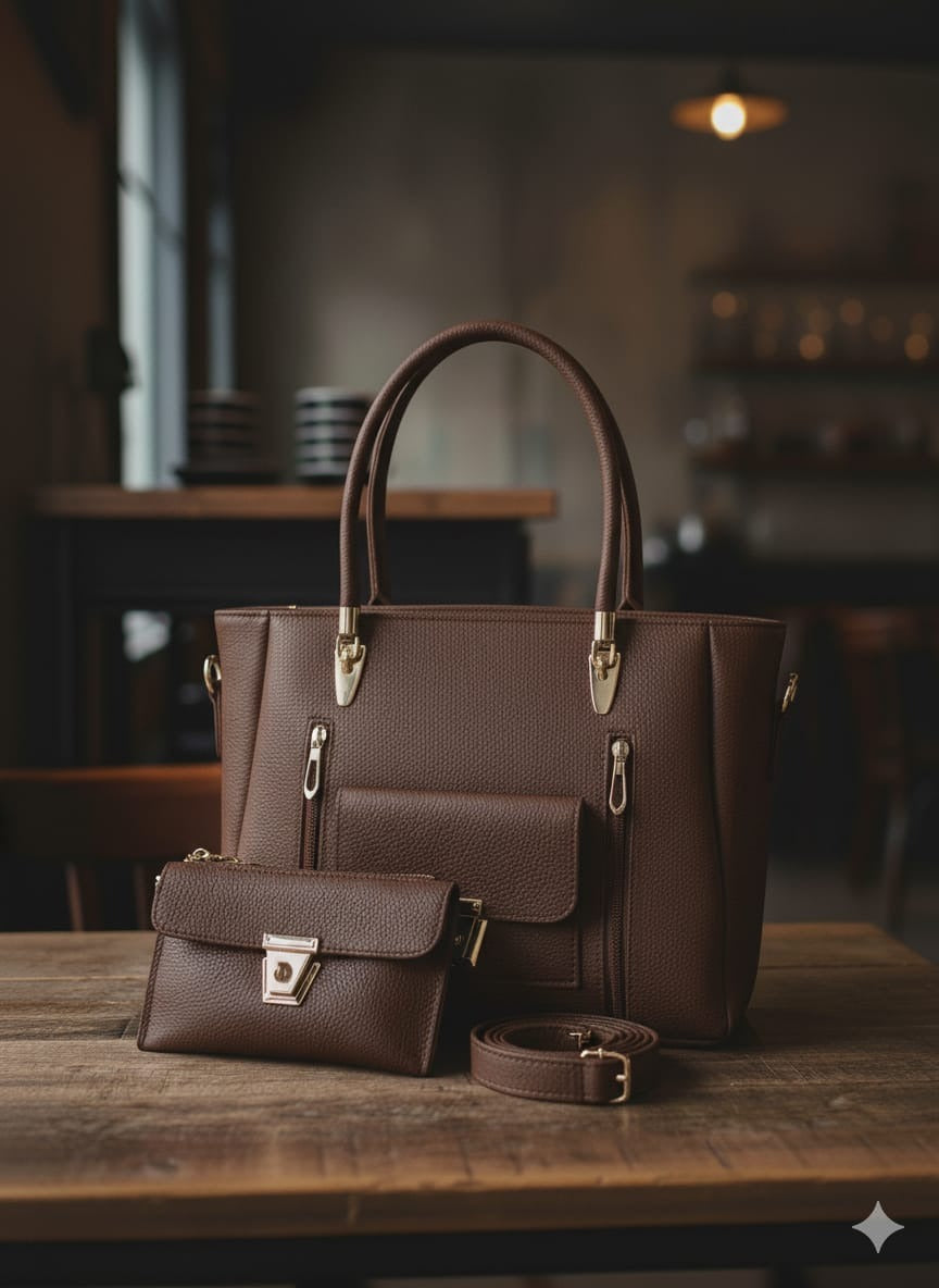 Devine Bags - Brown leather handbag with matching pouch and belt on a wooden table.