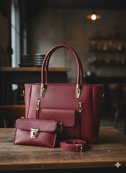 Devine - Red handbag with matching pouch on a wooden table in a dimly lit room.