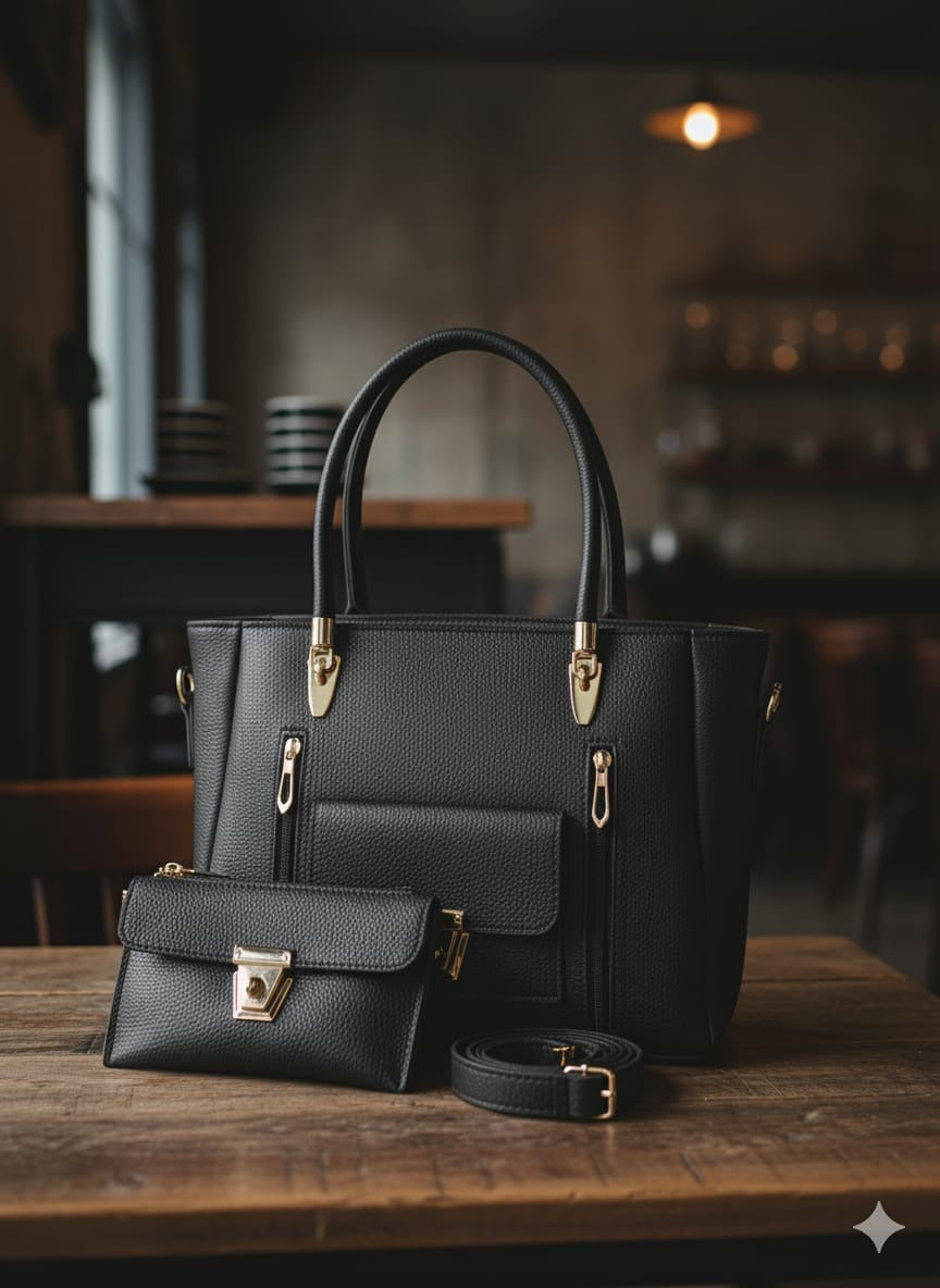 DEVINE - Black handbag set on a wooden table with a blurred background