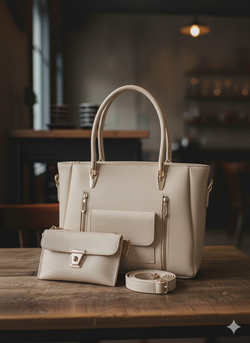 DEVINE - Beige handbag set on a wooden table with a blurred background