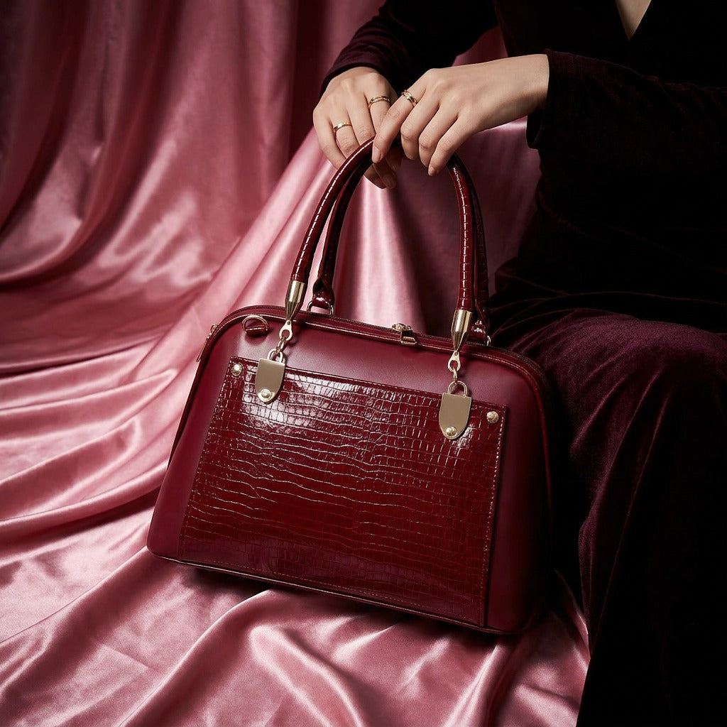 Red handbag with gold accents